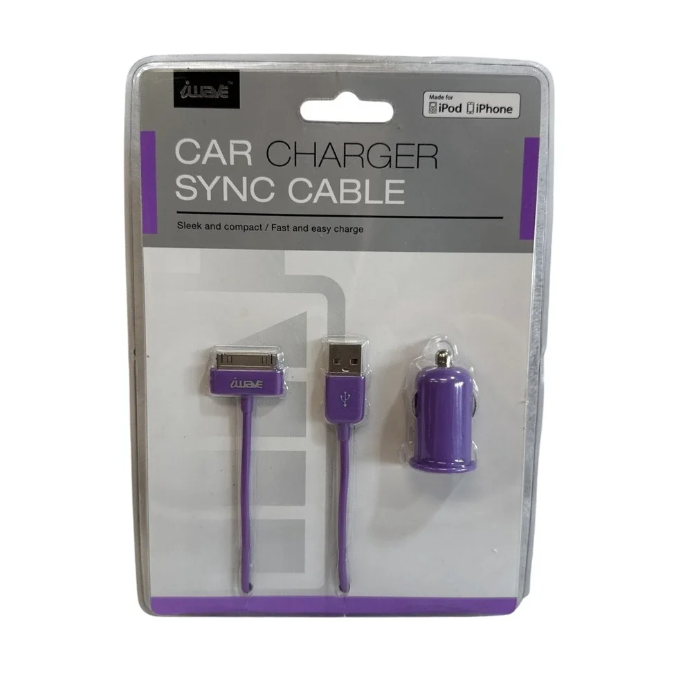 iWave Car Charger Purple‎ Sync Cable Made for iPod iPhone New in Package
